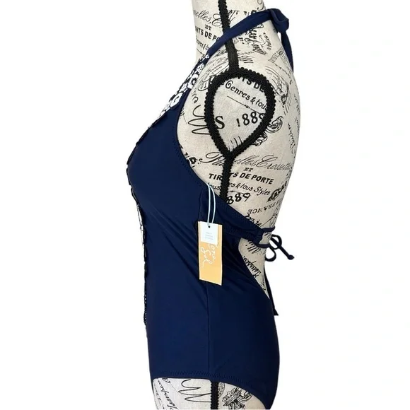 Kona Sol Navy Blue Crochet Necklace Coverage One Piece Swimsuit NEW - Picture 5 of 8